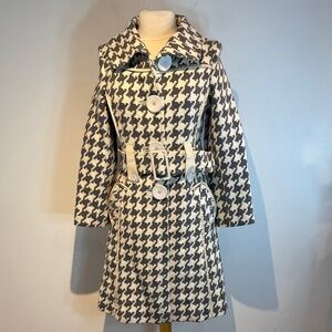Arte Pelle grey/cream Houndstooth Coat leather trim wool blend size small